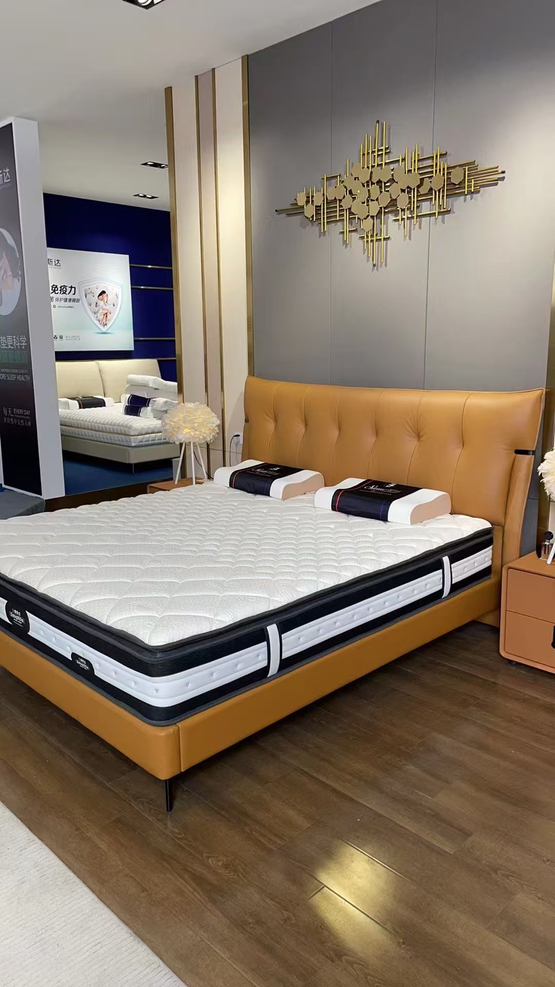 Compressed mattress samples in a showroom